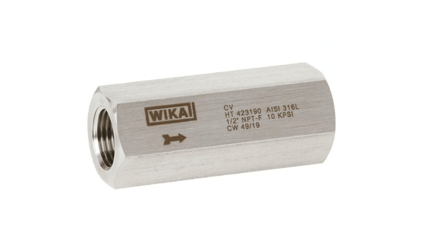 WIKA Stainless Steel Single Inline Mounting, Hydraulic Check Valve, 57420084, NPT 1/2, 1.38bar Cracking Pressure