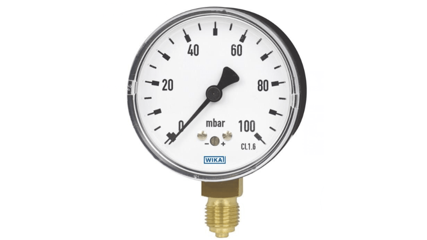 WIKA Druckmessgerät Prozessanschluss unten Analog 0mbar → 100mbar, Ø 63mm G1/4