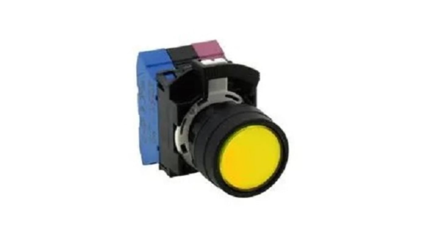 Idec HW Series Series Push Button, Momentary, Panel Mount, 22.3mm Cutout, 1NO + 1NC, Yellow LED, 600V, IP20, IP65