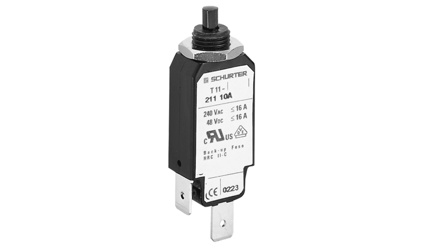 Schurter TA11 Thermal Circuit Breaker - T11-211  Single Pole 240V ac Voltage Rating Universal Mount, 6A Current Rating