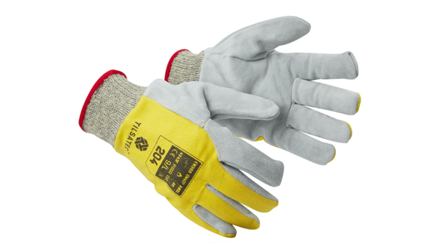 Tilsatec 204 Grey, Yellow Leather Cut Resistant, Puncture Resistant Work Gloves, Size 8, Leather Coating