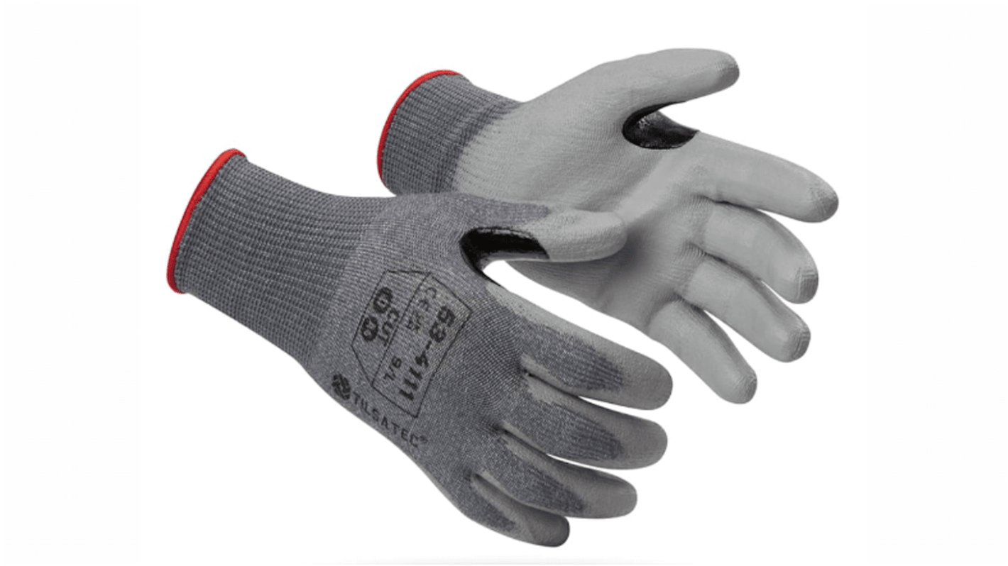 Tilsatec 53-4111 Grey Yarn Cut Resistant Work Gloves, Size 7, Polyurethane Coating