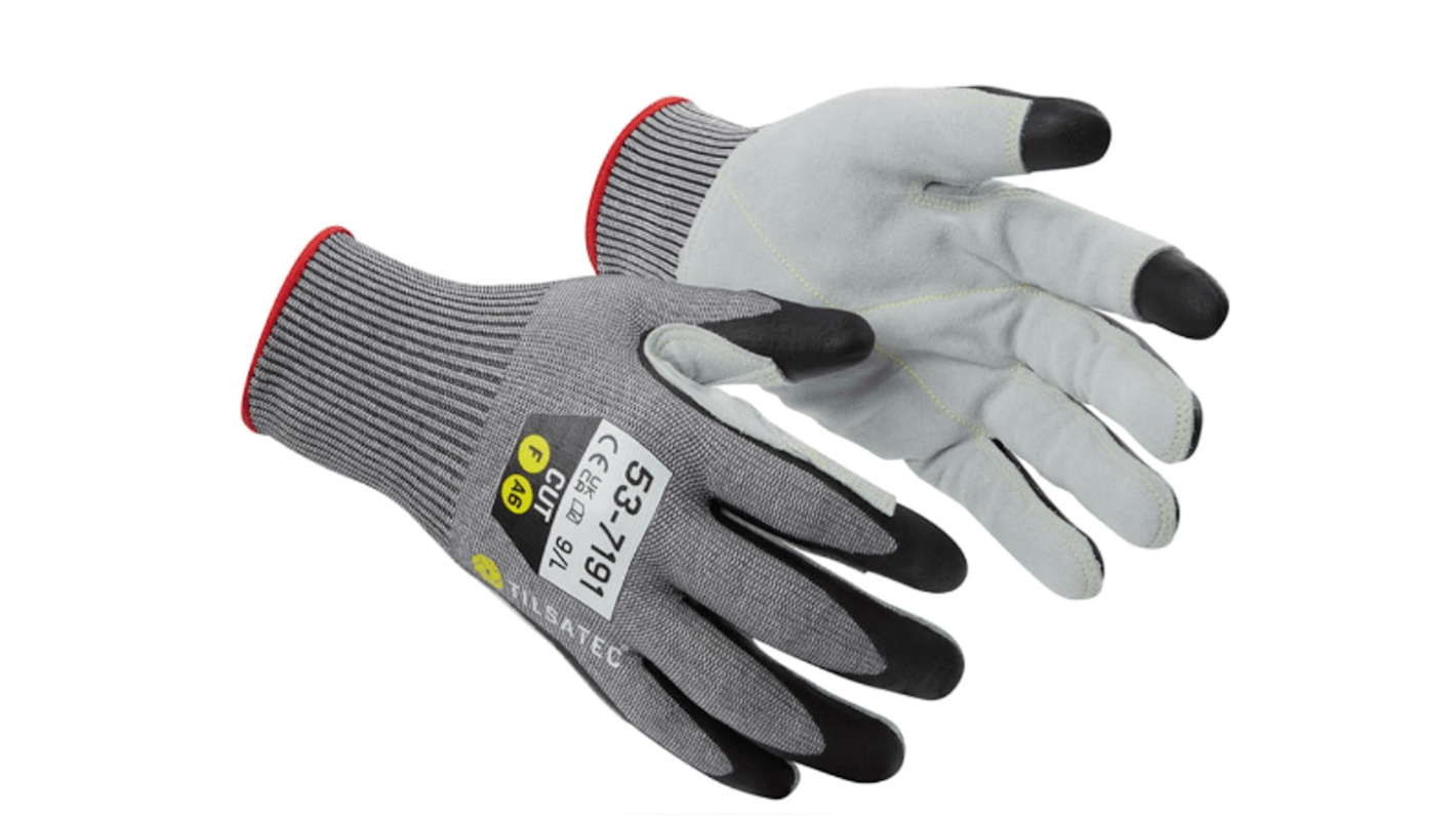 Tilsatec 53-7191 Grey Yarn Cut Resistant Work Gloves, Size 8, Foam Nitrile, Leather Coating