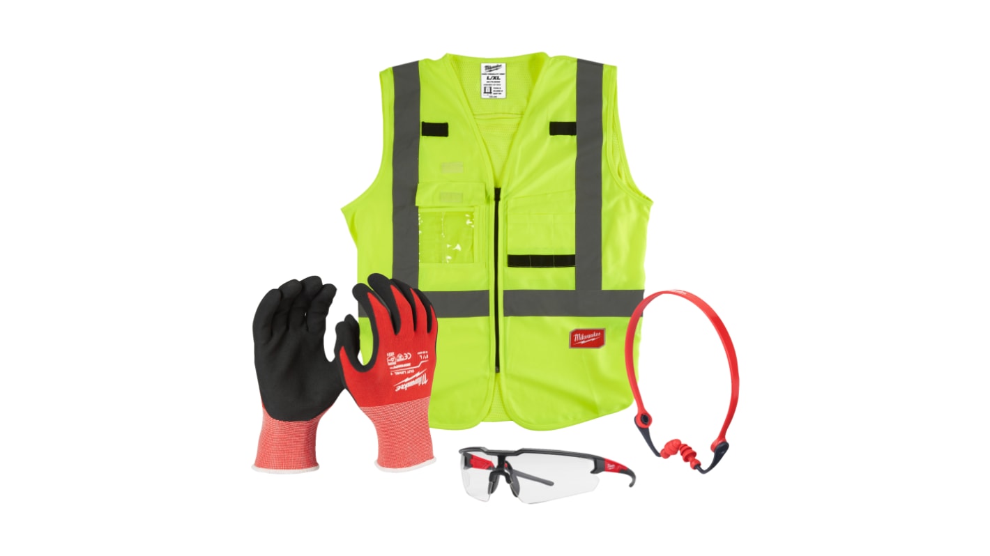 Milwaukee General Personal Protection Kit Containing Cut A Gloves, Ear Plug, Safety Glasses, Vest