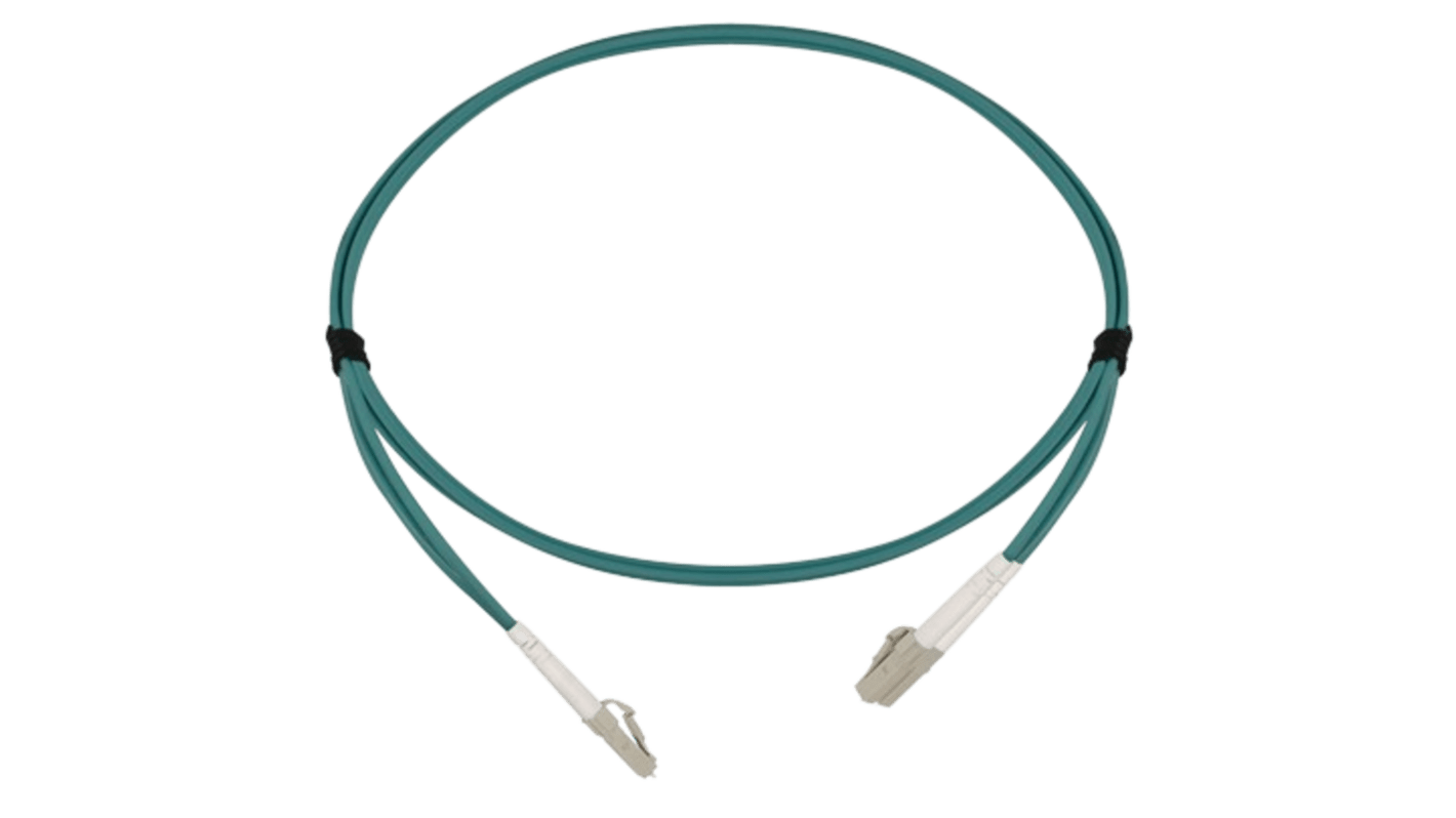 HellermannTyton Connectivity LC to LC Tight Buffer OM3 Multi Mode OM3 Fibre Optic Cable, 3mm, Light Blue, 2m