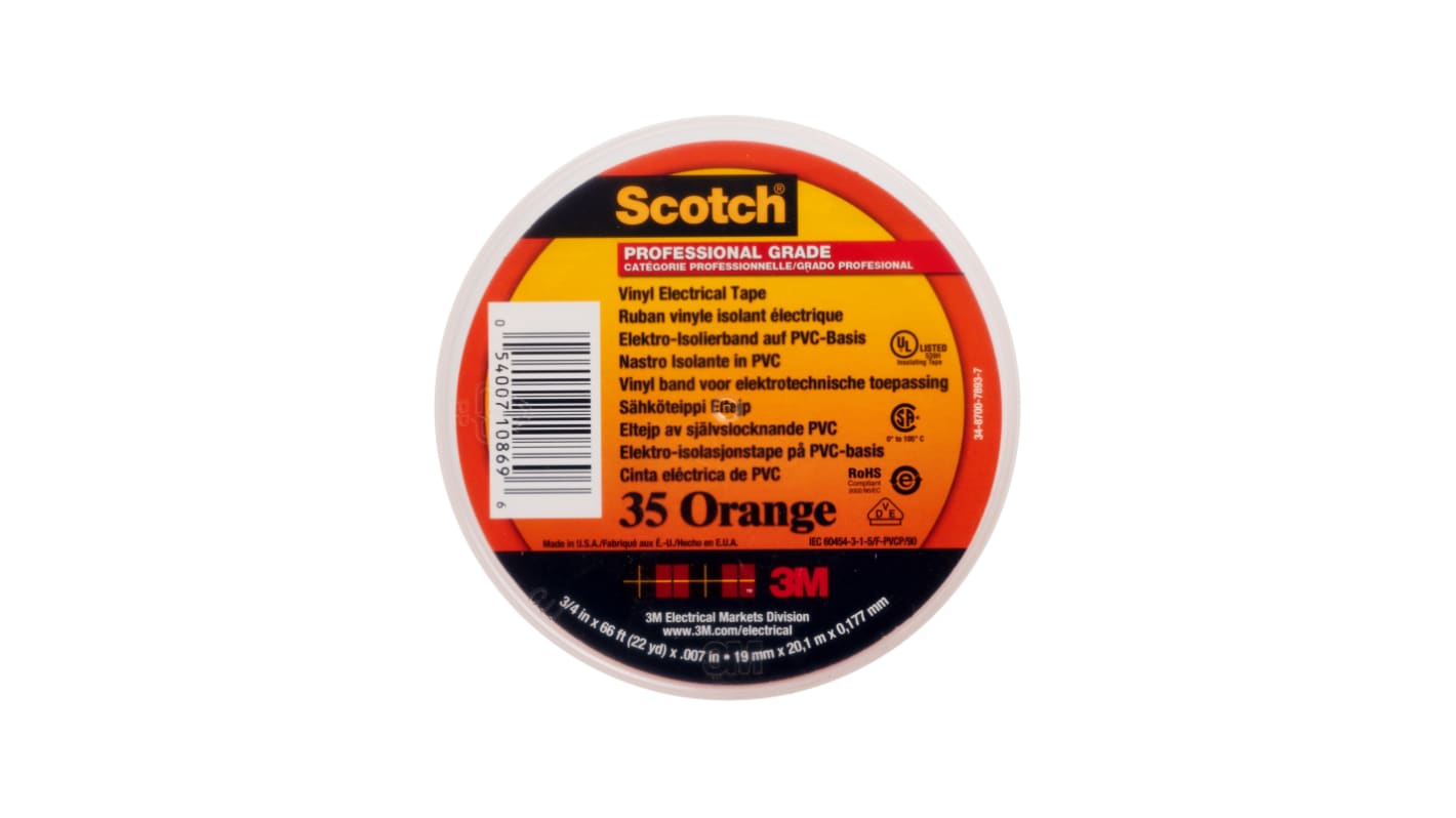 3M Scotch 35 Vinyl Electrical Color Coding Tape Orange Vinyl Electrical Tape, 19mm x 20m