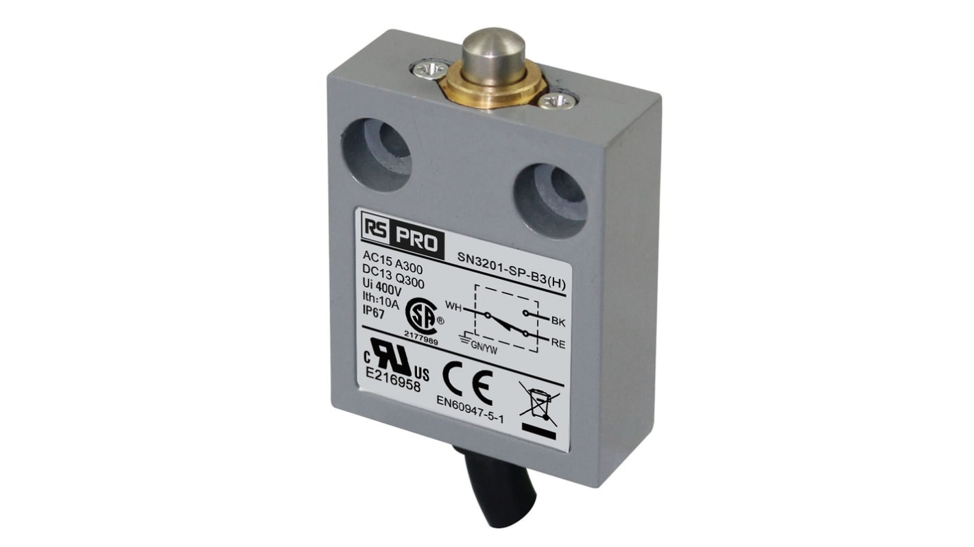 RS PRO Plunger Limit Switch, 1NC/1NO, IP67, SPDT, Zinc Alloy Housing, 240V ac ac Max, 3A Max