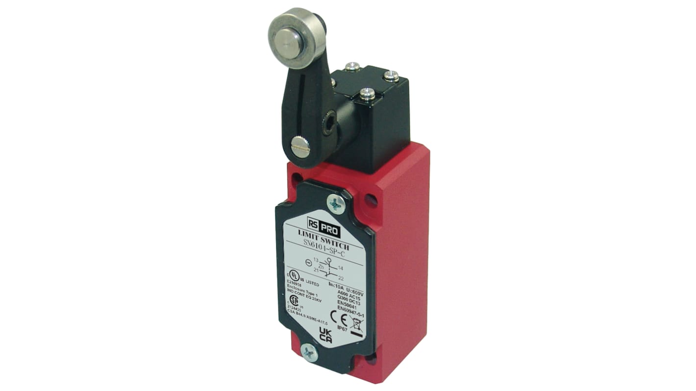 RS PRO Lever Limit Switch, NO/NC, IP67, SPDT 1NO/1NC, Die Cast Zinc Housing, 600V ac ac Max, 10A Max