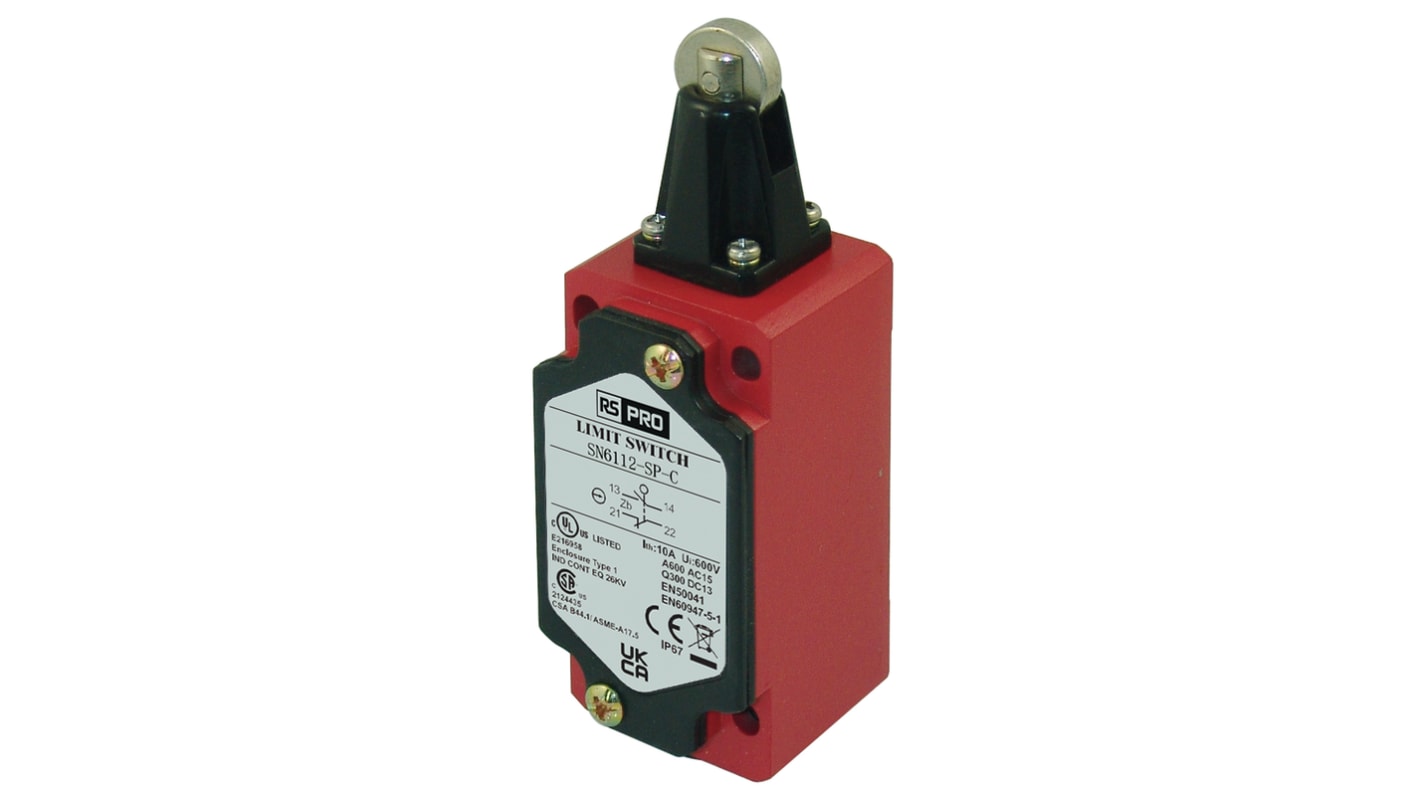 RS PRO Roller Plunger Limit Switch, NO/NC, IP67, SPDT, Die Cast Zinc Housing, 600V ac ac Max, 10A Max