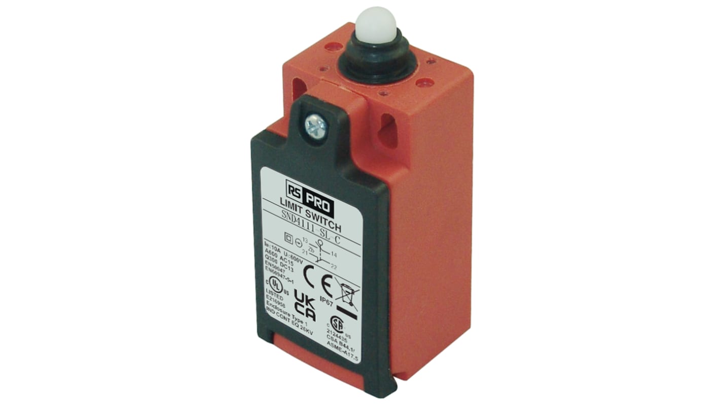 RS PRO Plunger Limit Switch, 1NC/1NO, IP67, SPDT, Glass Reinforced Plastic (GRP) Housing, 250V ac ac Max, 3A Max