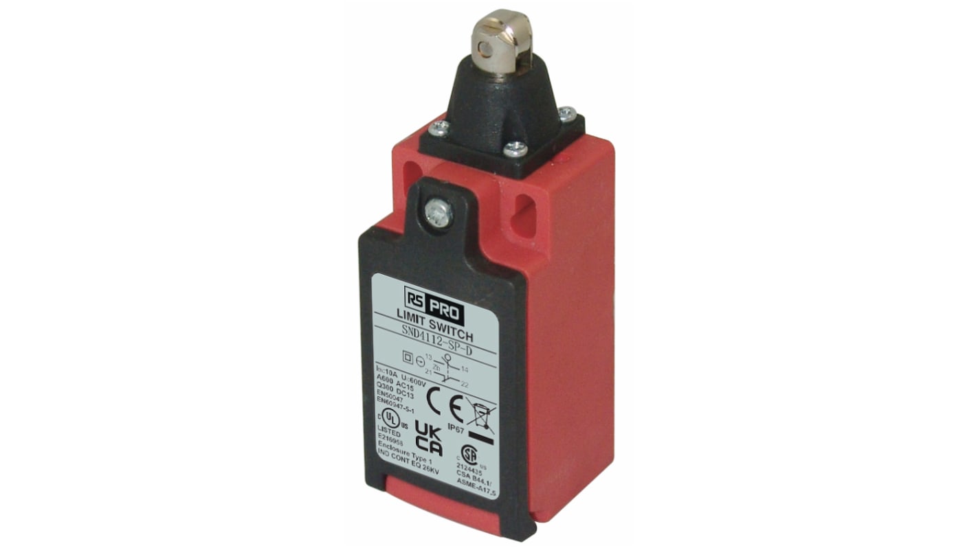 RS PRO Roller Plunger Limit Switch, 1NO/1NC, IP67, SPDT, Glass Reinforced Plastic (GRP) Housing, 250V ac ac Max, 3A Max
