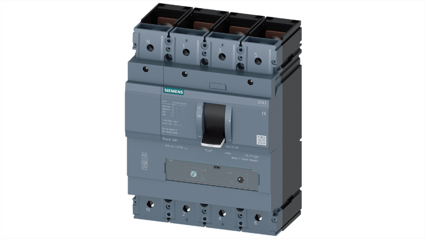 MCCB Siemens, 4 Polos, 500A, Capacidad de Ruptura 110 kA, Montaje fijo, SENTRON, 3VA1