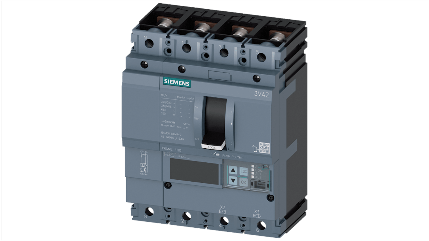 MCCB Siemens, 4 Polos, 100A, Capacidad de Ruptura 55 kA, Montaje fijo, SENTRON, 3VA2