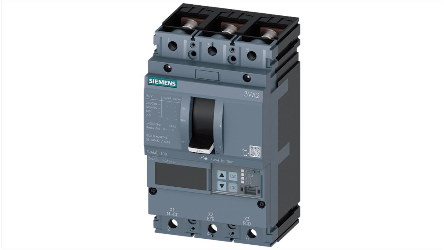 MCCB Siemens, 3 Polos, 100A, Capacidad de Ruptura 110 kA, Montaje fijo, SENTRON, 3VA2