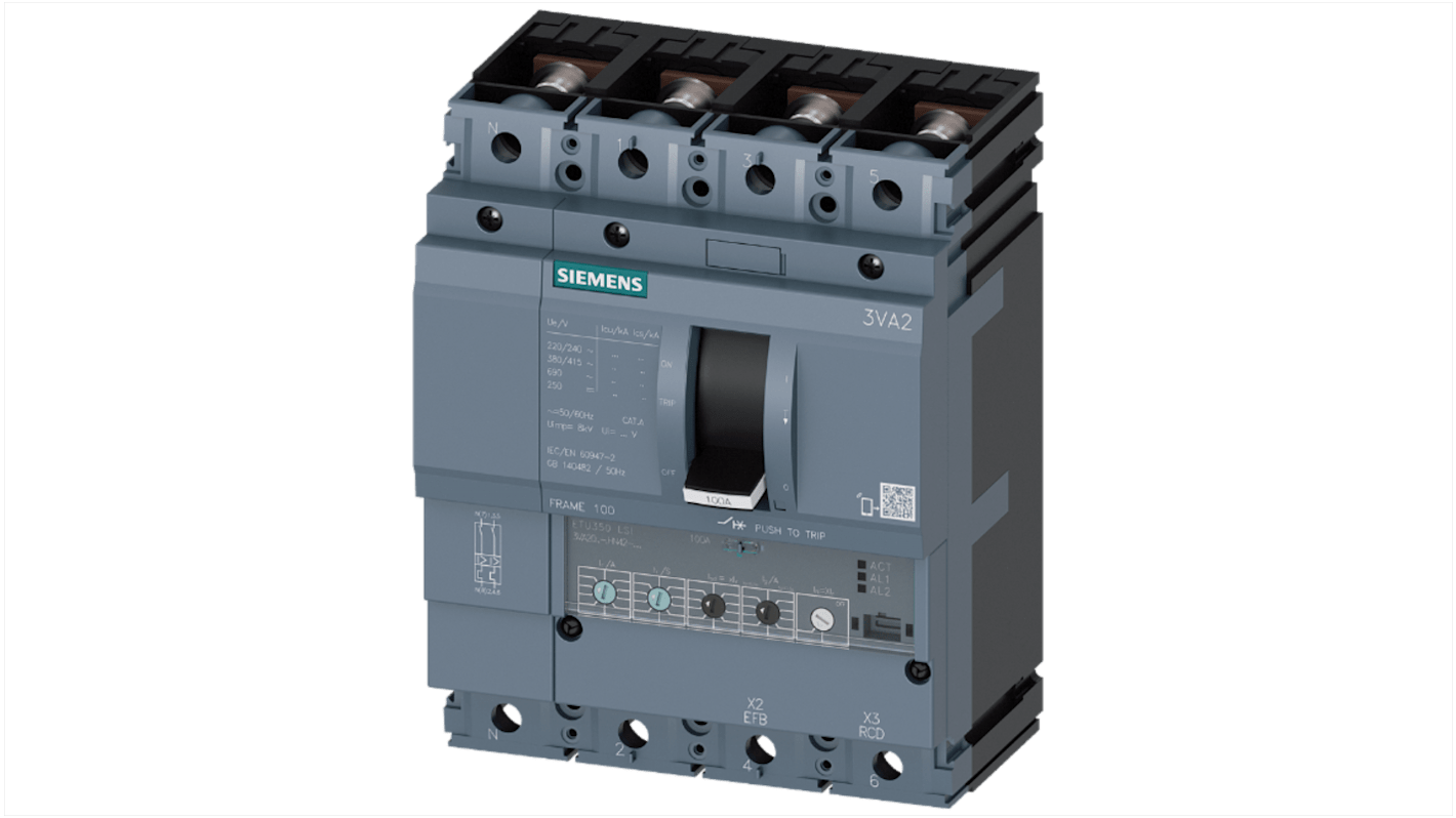 MCCB Siemens, 4 Polos, 100A, Capacidad de Ruptura 150 kA, Montaje fijo, SENTRON, 3VA2