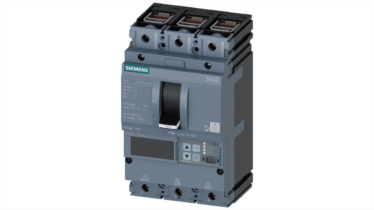 MCCB Siemens, 3 Polos, 25A, Capacidad de Ruptura 55 kA, Montaje fijo, SENTRON, 3VA2