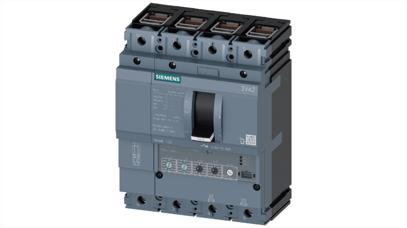 MCCB Siemens, 4 Polos, 25A, Capacidad de Ruptura 150 kA, Montaje fijo, SENTRON, 3VA2