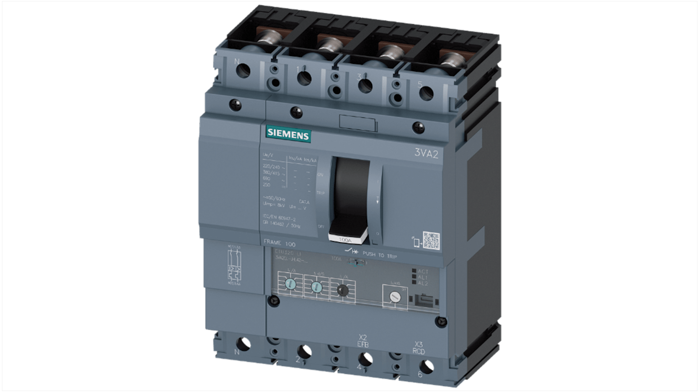 MCCB Siemens, 4 Polos, 40A, Capacidad de Ruptura 150 kA, Montaje fijo, SENTRON, 3VA2