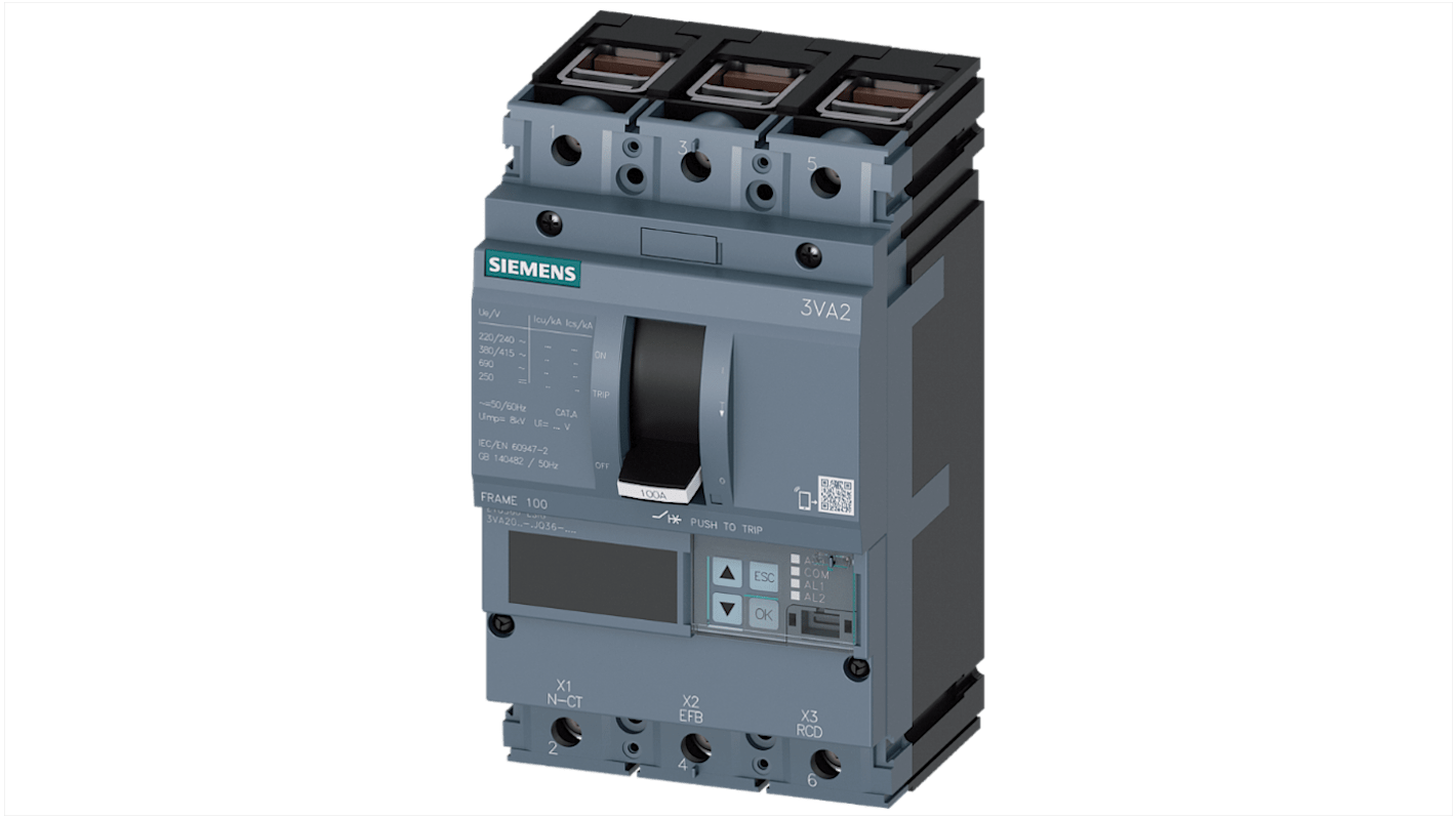 MCCB Siemens, 3 Polos, 63A, Capacidad de Ruptura 110 kA, Montaje fijo, SENTRON, 3VA2