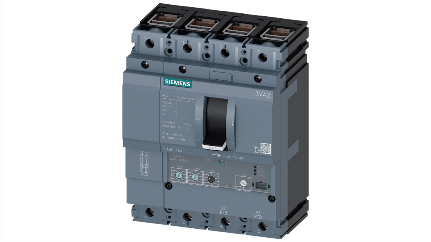 MCCB Siemens, 4 Polos, 100A, Capacidad de Ruptura 150 kA, Montaje fijo, SENTRON, 3VA2