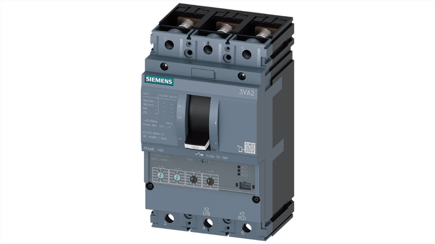 Siemens SENTRON 3VA2, Leistungsschalter MCCB 3-polig, 160A / Abschaltvermögen 200 kA, Fest