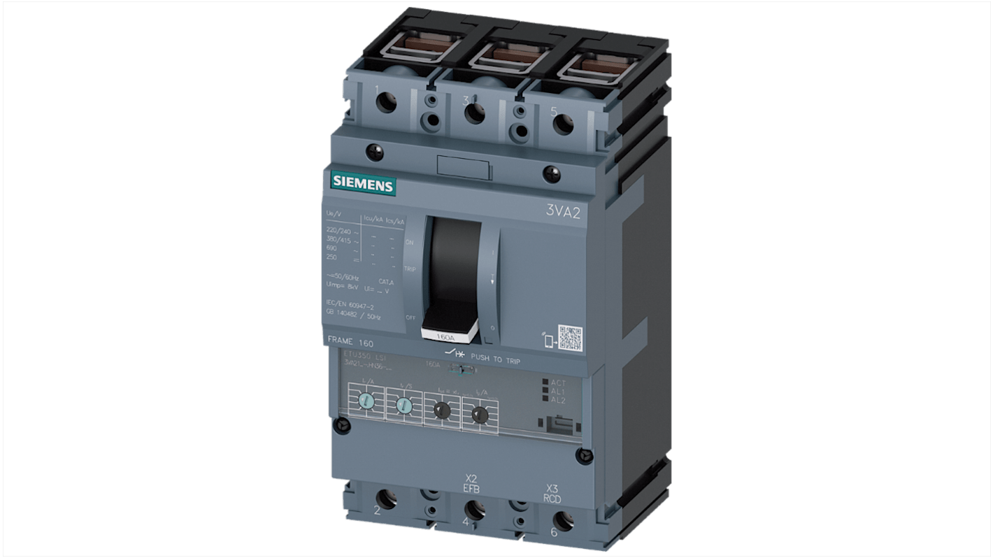 Siemens, SENTRON MCCB 3P 160A, Breaking Capacity 150 kA, Fixed Mount