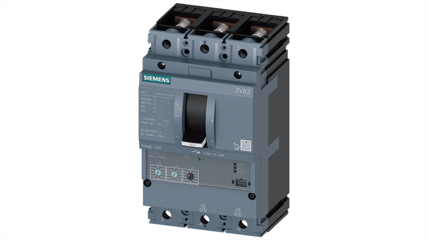 MCCB Siemens, 3 Polos, 25A, Capacidad de Ruptura 110 kA, Montaje fijo, SENTRON, 3VA2