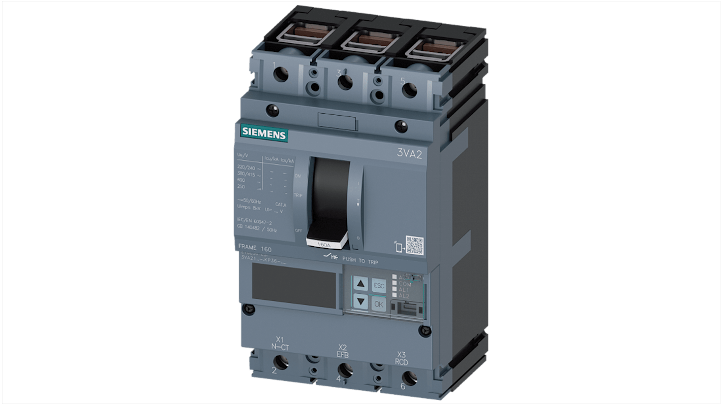 MCCB Siemens, 3 Polos, 40A, Capacidad de Ruptura 110 kA, Montaje fijo, SENTRON, 3VA2