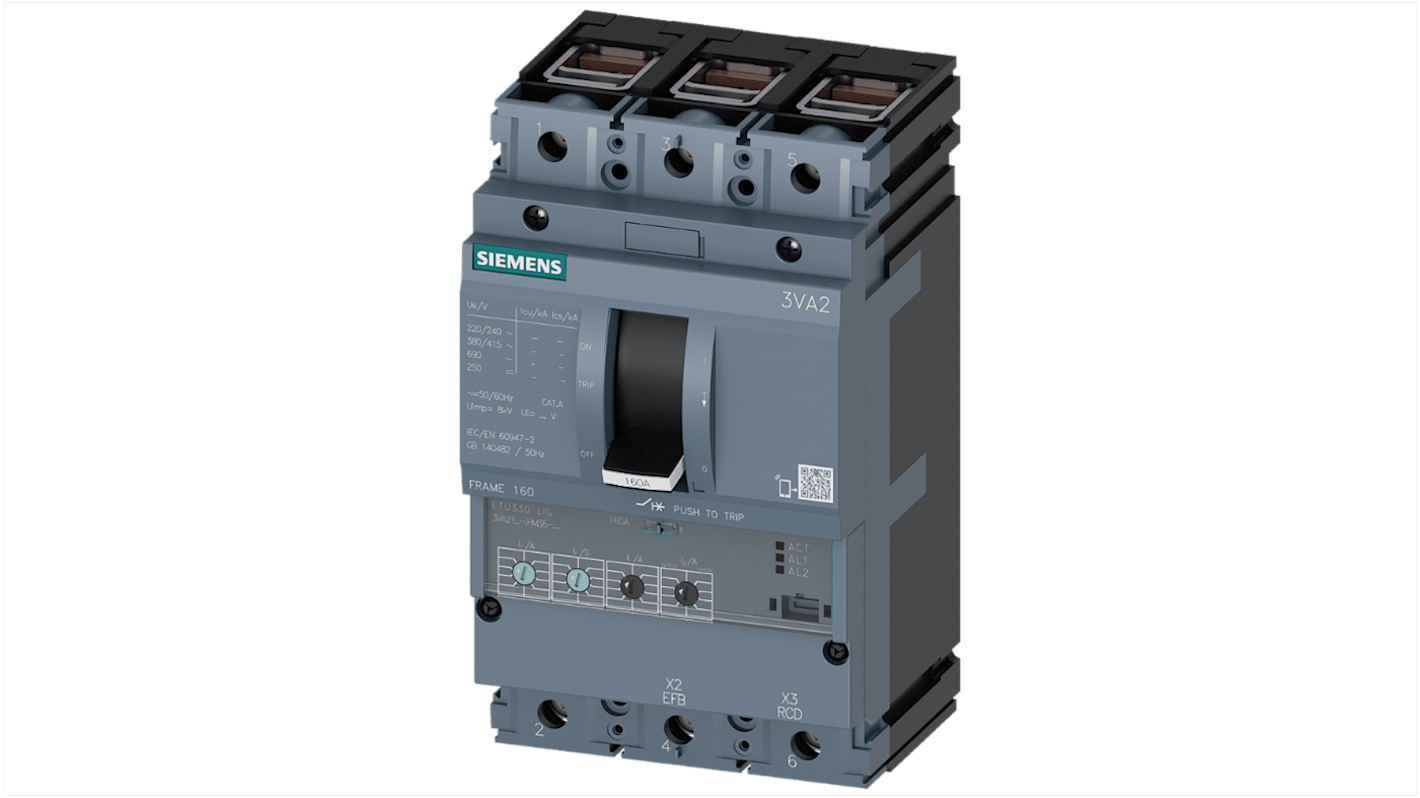 MCCB Siemens, 3 Polos, 63A, Capacidad de Ruptura 2,5 kA, Montaje fijo, SENTRON, 3VA2