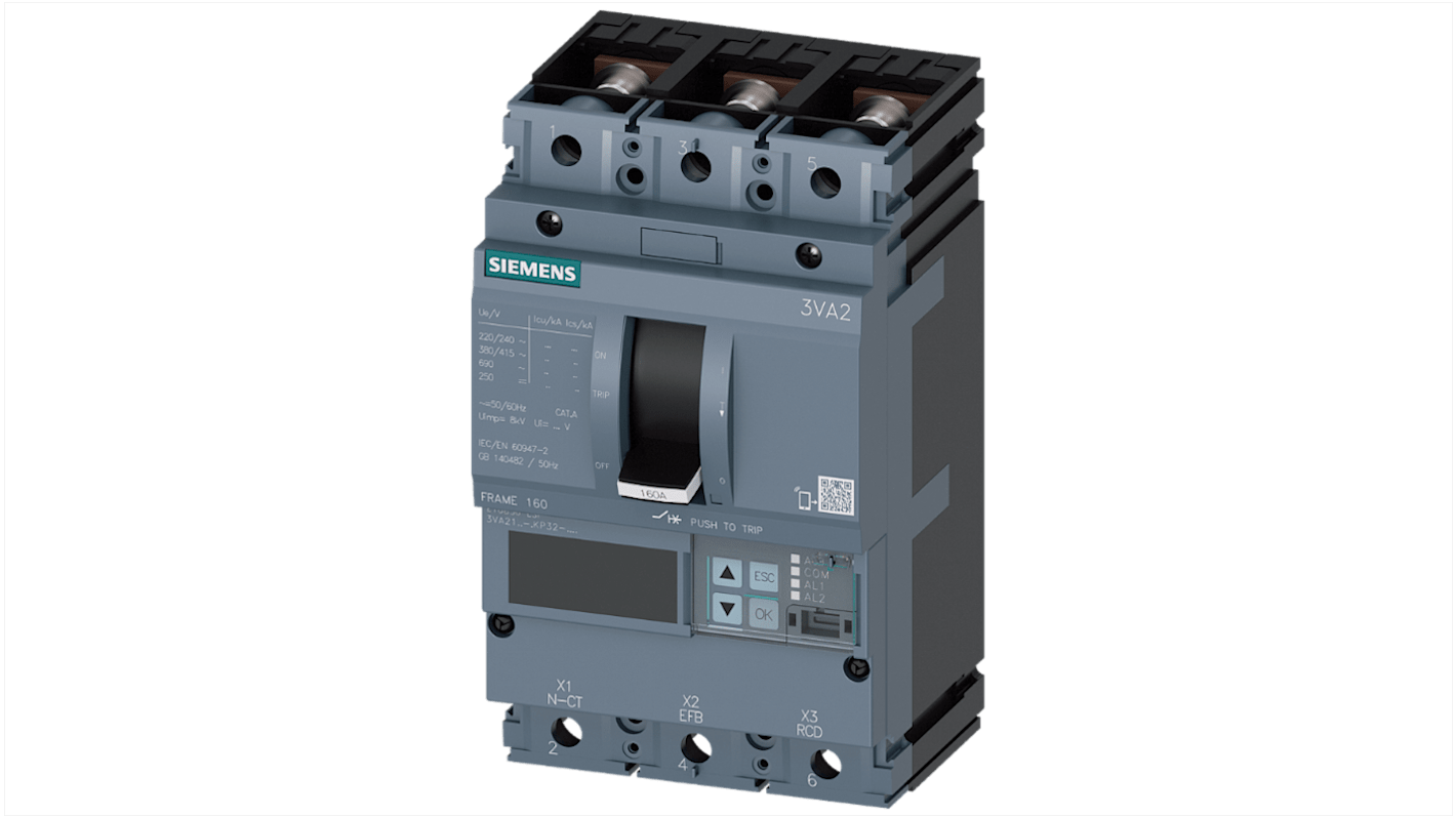 MCCB Siemens, 3 Polos, 63A, Capacidad de Ruptura 2,5 kA, Montaje fijo, SENTRON, 3VA2