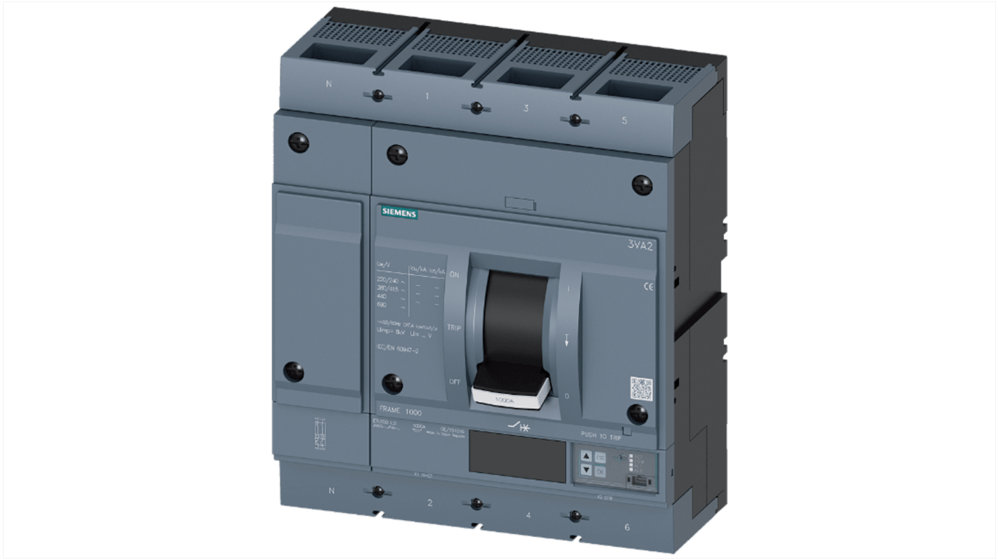 MCCB Siemens, 4 Polos, 100A, Capacidad de Ruptura 55 kA, Montaje fijo, SENTRON, 3VA2