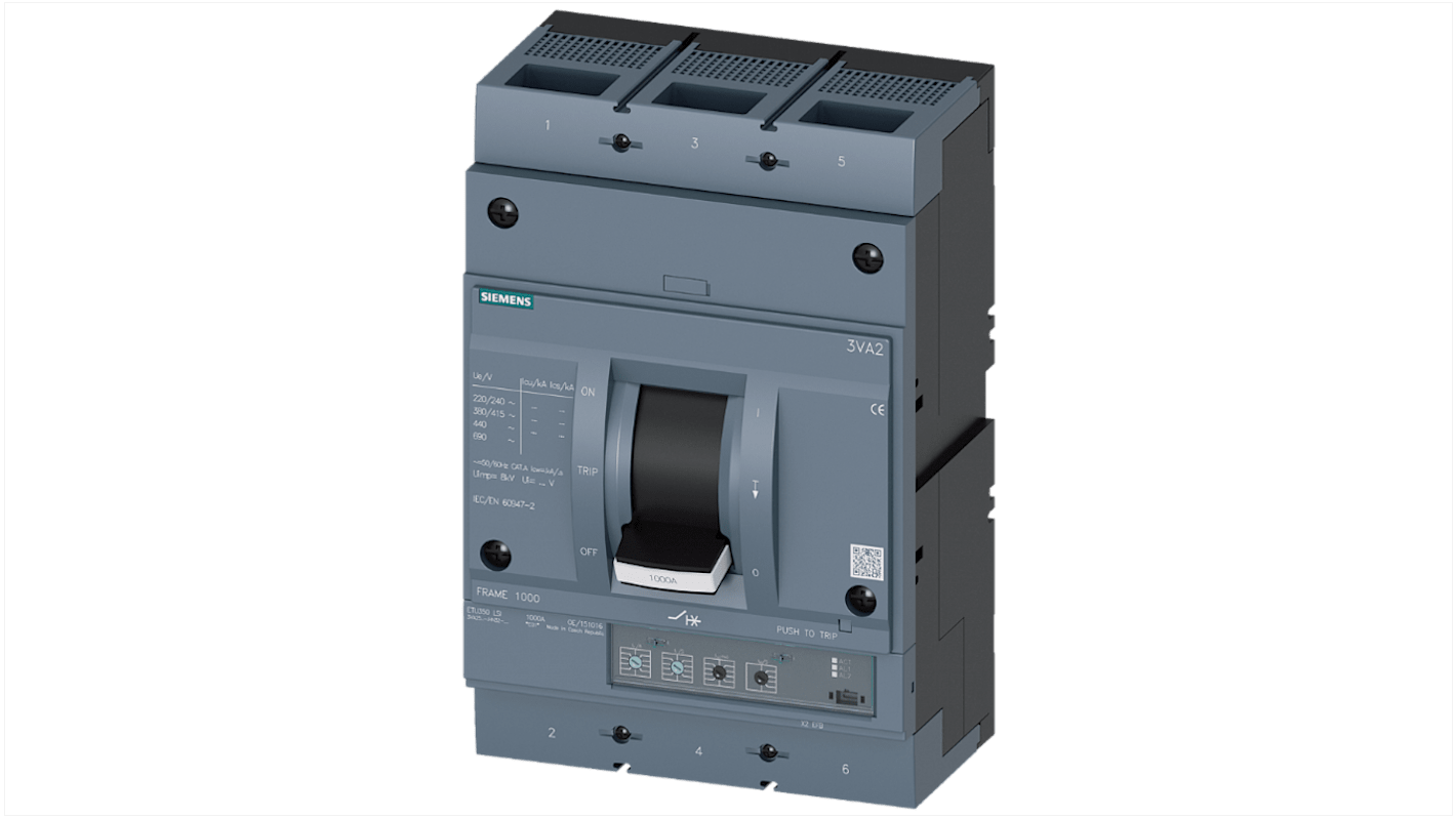 MCCB Siemens, 3 Polos, 630A, Capacidad de Ruptura 35 kA, Montaje fijo, SENTRON, 3VA2