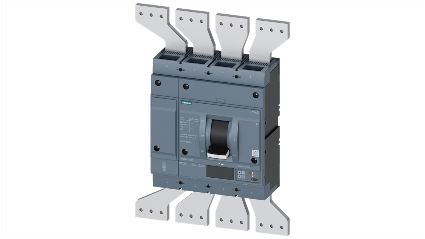 MCCB Siemens, 4 Polos, 1.25kA, Capacidad de Ruptura 25 kA, Montaje fijo, SENTRON, 3VA2