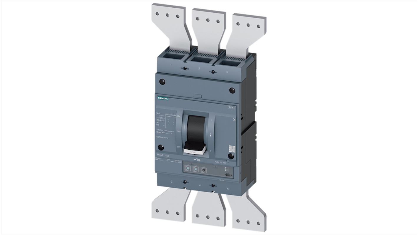 MCCB Siemens, 3 Polos, 1.25kA, Capacidad de Ruptura 35 kA, Montaje fijo, SENTRON, 3VA2