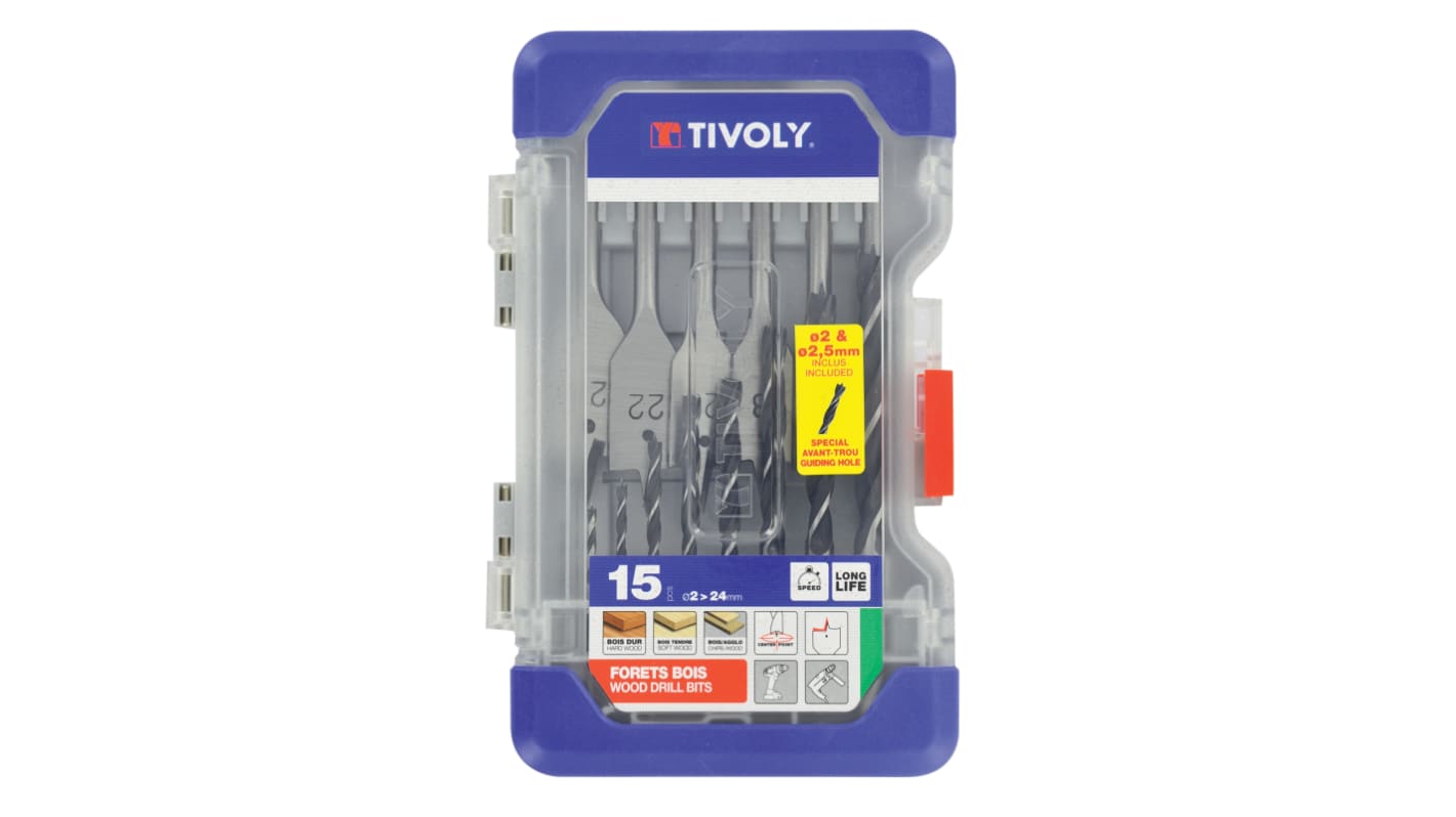 Tivoly 15-Piece Wood Drill Bit Set for Wood, 22mm Max, 2mm Min