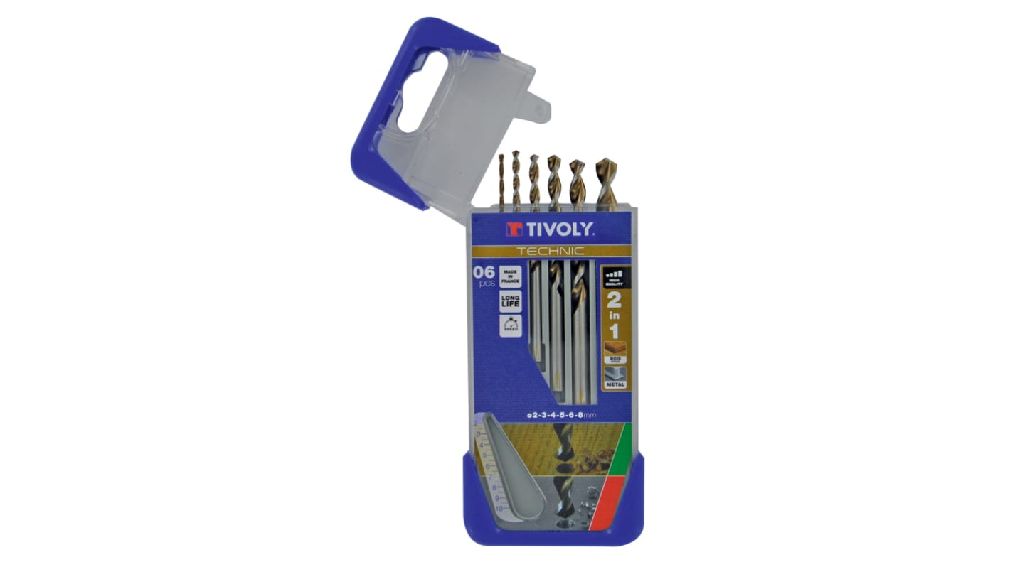 10804470002 Tivoly 6 Piece Wood Drill Bit Set for Wood 8mm Max 2mm Min HSS Bits RS