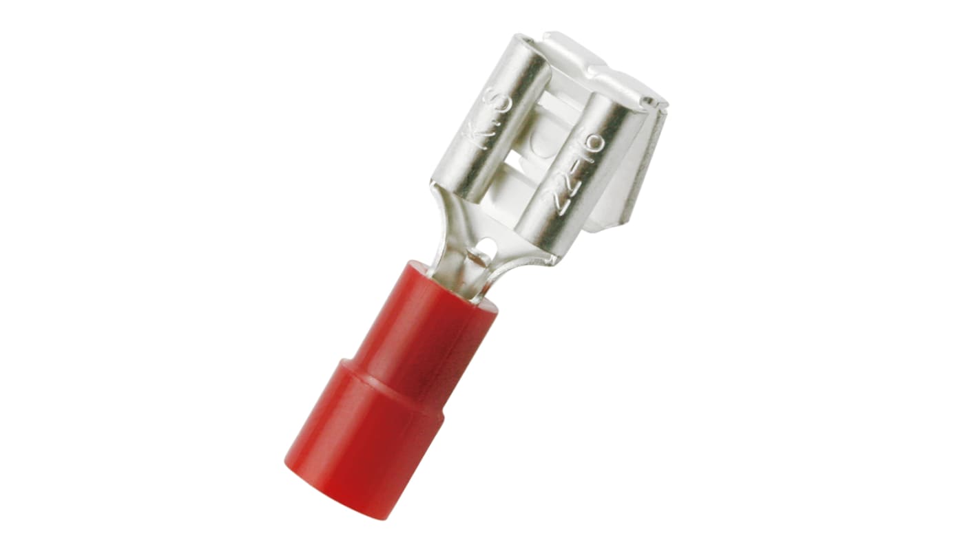 RS PRO Red Insulated Female Spade Connector, Piggyback Terminal, 6.35 x 0.8mm Tab Size, 0.5mm² to 1.5mm²