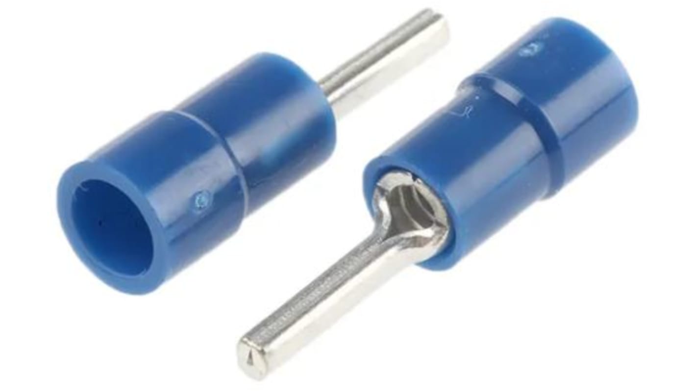 RS PRO Insulated, Tin Crimp Pin Connector, 1.5mm² to 2.5mm², 16AWG to 14AWG, 1.9mm Pin Diameter, 10mm Pin Length, Blue