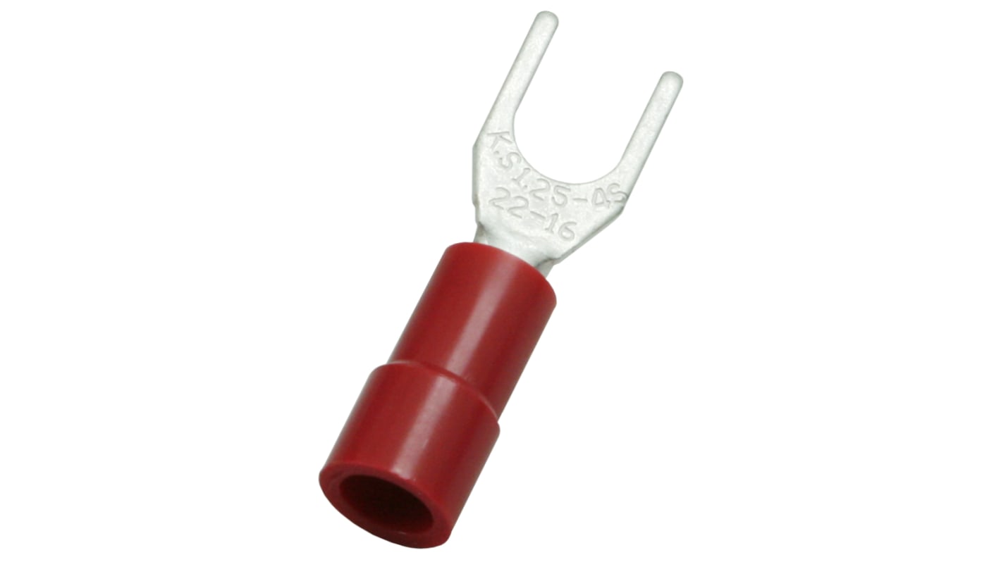 RS PRO 绝缘U型端子, 4.3mm螺栓, 线规0.5mm²至1.5mm², 红色, 6.4mm宽, 0.75mm厚, 镀锡触点