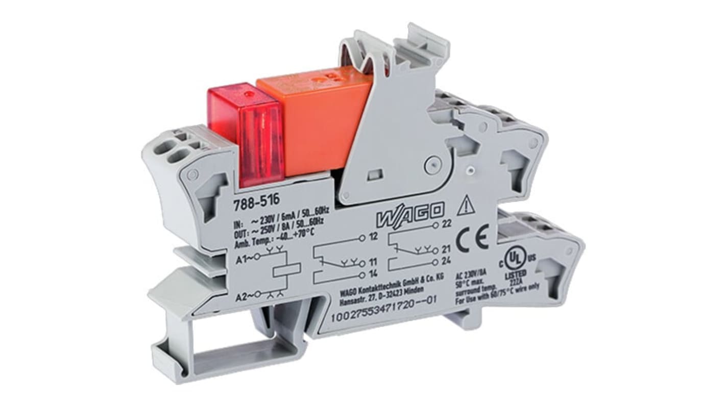 Wago Relay Module, DIN Rail Mount, 230V ac Coil, DPDT, 2-Pole, 8A Load