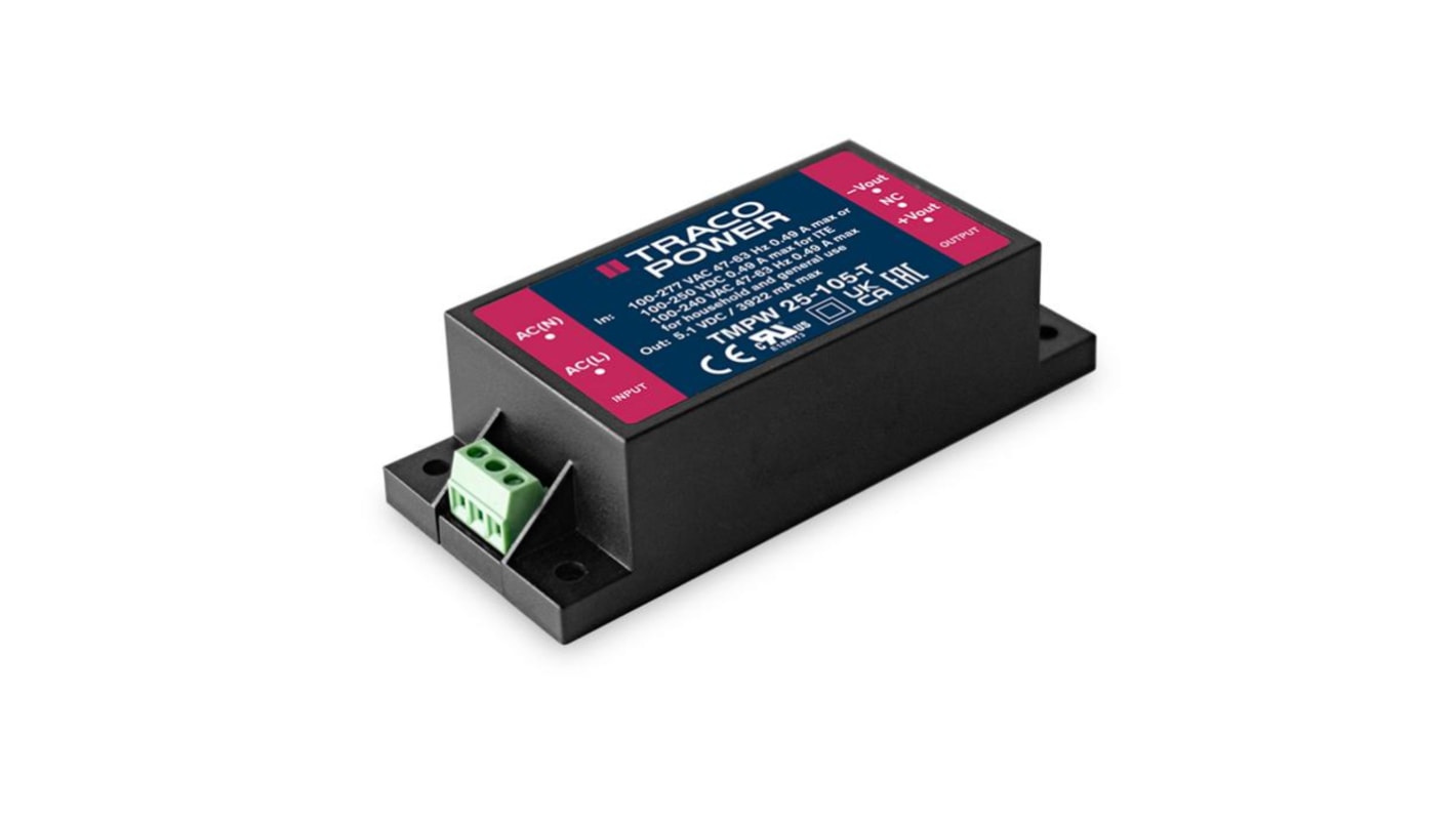 TRACOPOWER AC-DC Power Supply, TMPW 25-105-T, 5.1V dc, 3.922A, 20W, 1 Output, 90 → 305V ac Input Voltage