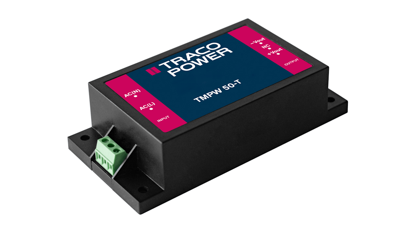 TRACOPOWER AC-DC Power Supply, TMPW 50-115-T, 15V dc, 3.333A, 50W, 1 Output, 90 → 305V ac Input Voltage