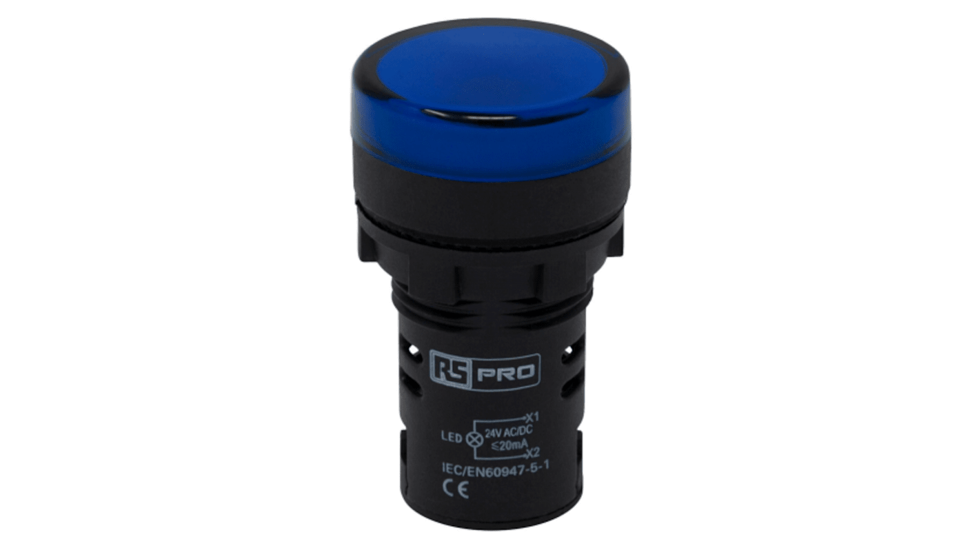 RS PRO, Panel Mount Blue LED Pilot Light, 22mm Cutout, IP65, Round, 24V ac/dc