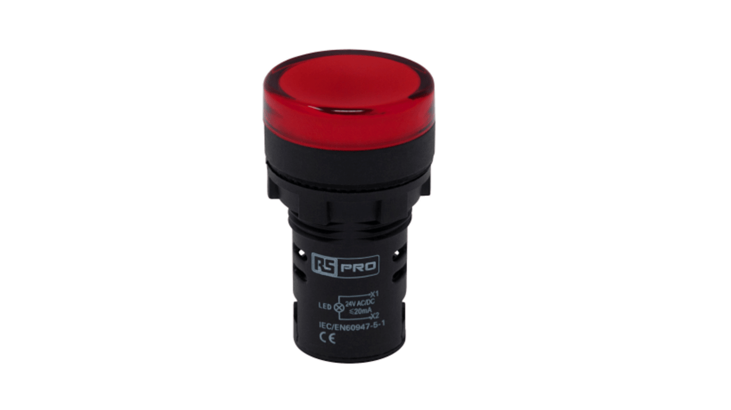 RS PRO, Panel Mount Red LED Pilot Light, 22mm Cutout, IP65, Round, 24V ac/dc