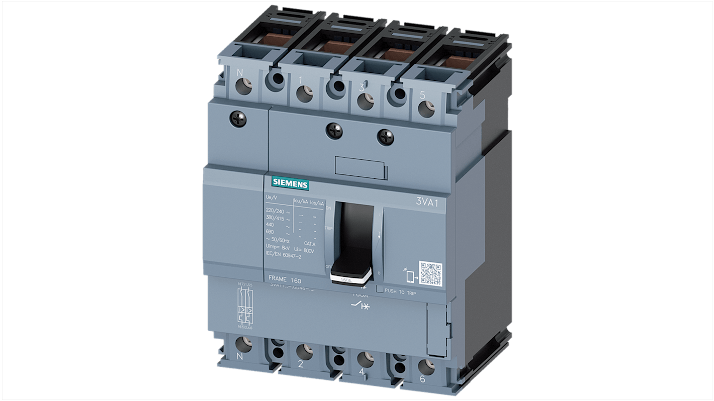 Siemens, SENTRON MCCB Molded Case Circuit Breaker 4P 80A, Breaking Capacity 55 kA, DIN Rail Mount