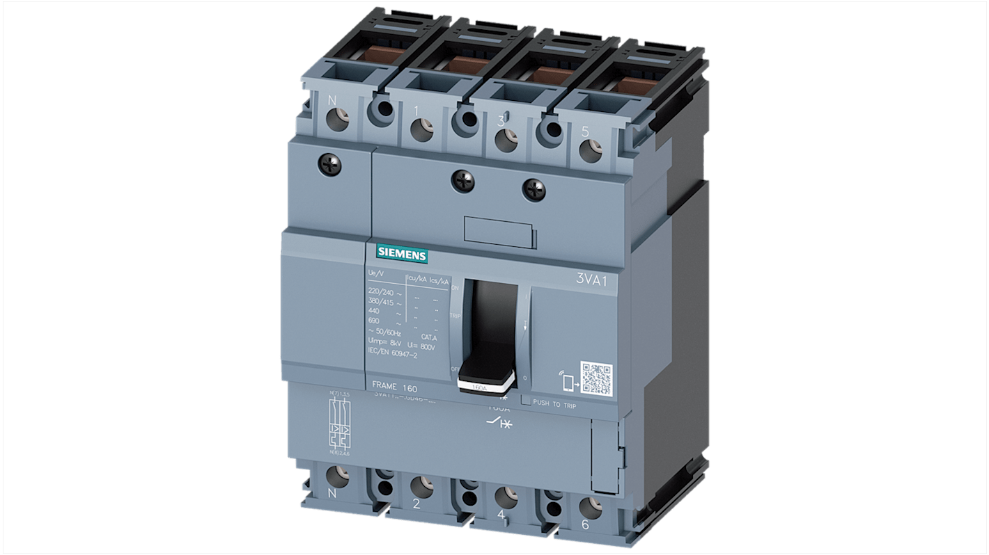 Siemens, SENTRON MCCB Molded Case Circuit Breaker 4P 80A, Breaking Capacity 70 kA, DIN Rail Mount