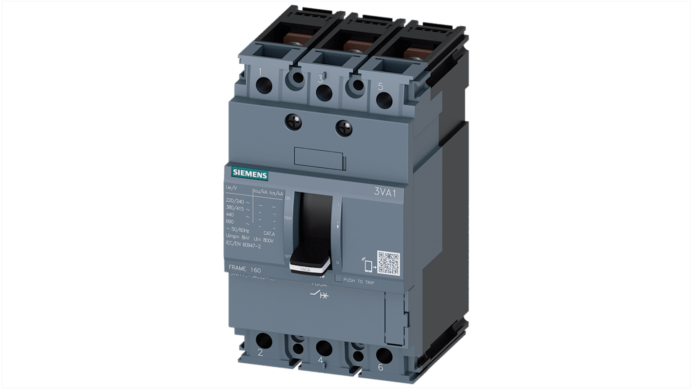Siemens, SENTRON MCCB Molded Case Circuit Breaker 3P 4A, Breaking Capacity 70 kA, DIN Rail Mount