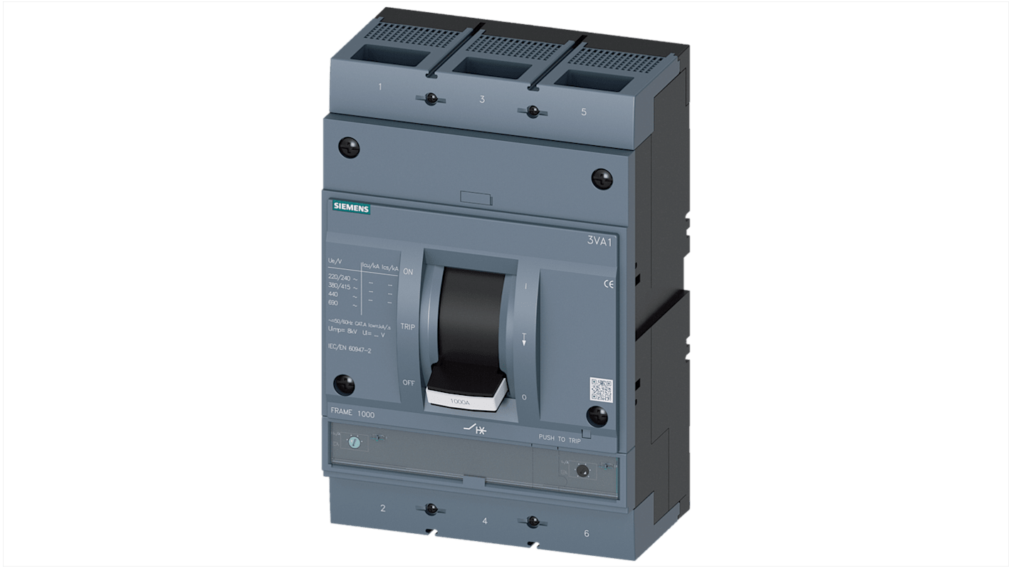 MCCB Siemens, 3 Polos, 800A, Capacidad de Ruptura 70 kA, Montaje fijo, SENTRON, 3VA1