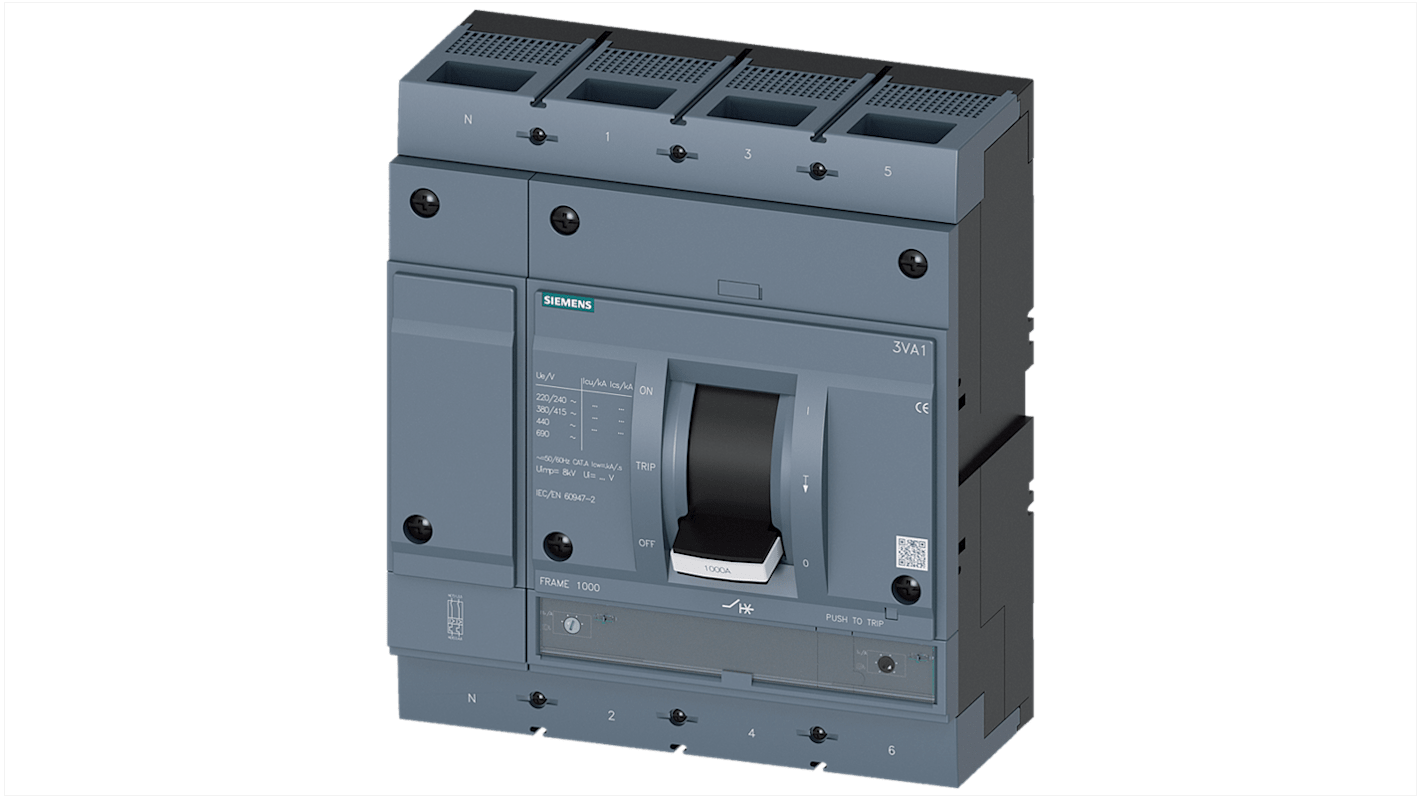 MCCB Siemens, 4 Polos, 800A, Capacidad de Ruptura 70 kA, Montaje fijo, SENTRON, 3VA1