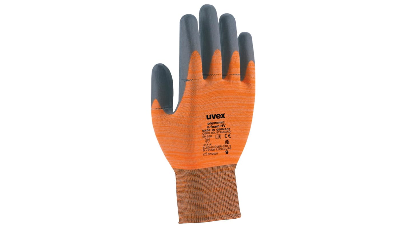 Uvex 60054 Orange Elastane, Polyamide Abrasion Resistant, Tear Resistant Work Gloves, Size 6, Aqua-Polymer Foam Coating